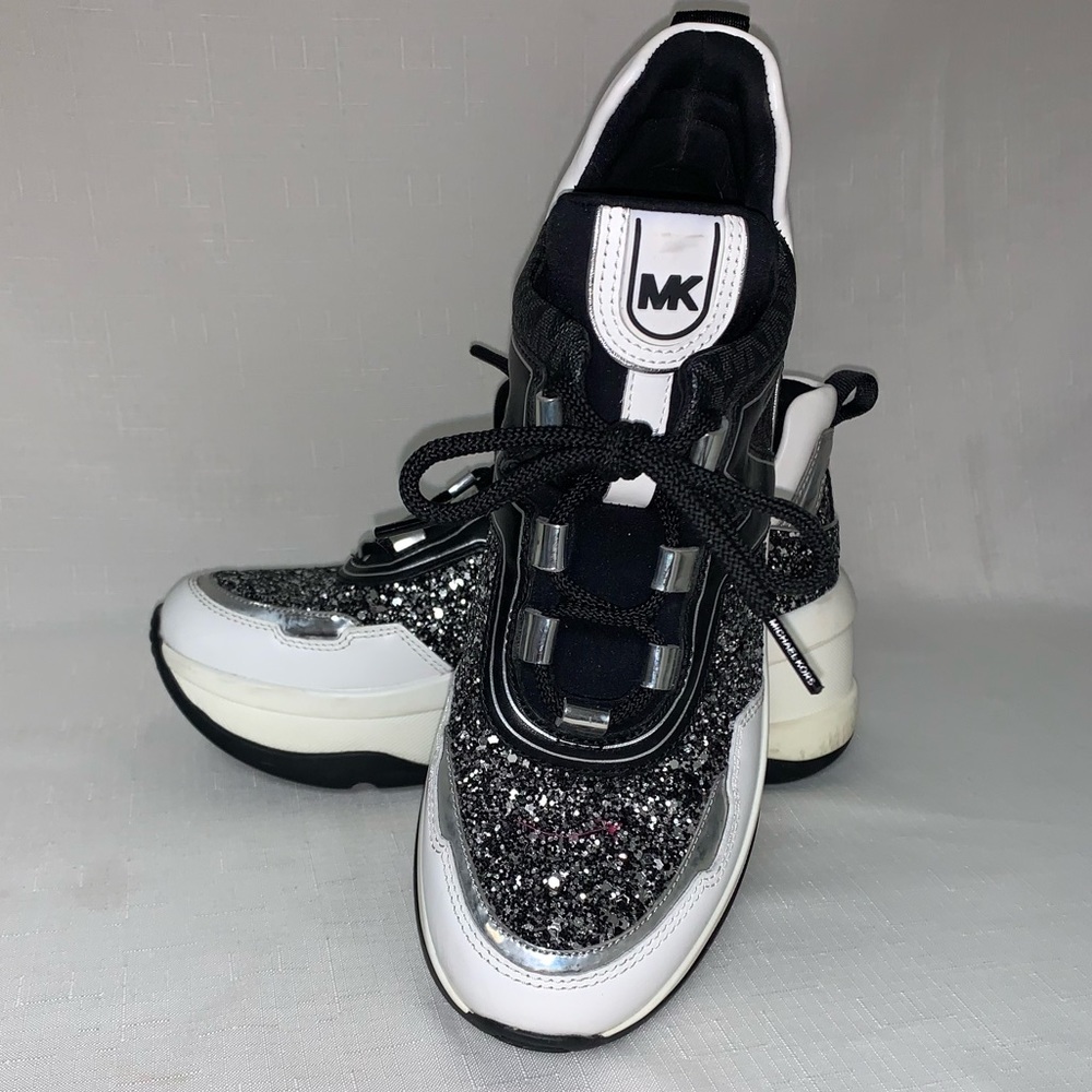 MICHAEL KORS Olympia Glitter Trainer Sneaker Women’s Black Silver 8.5M Lace Up - Picture 5 of 17